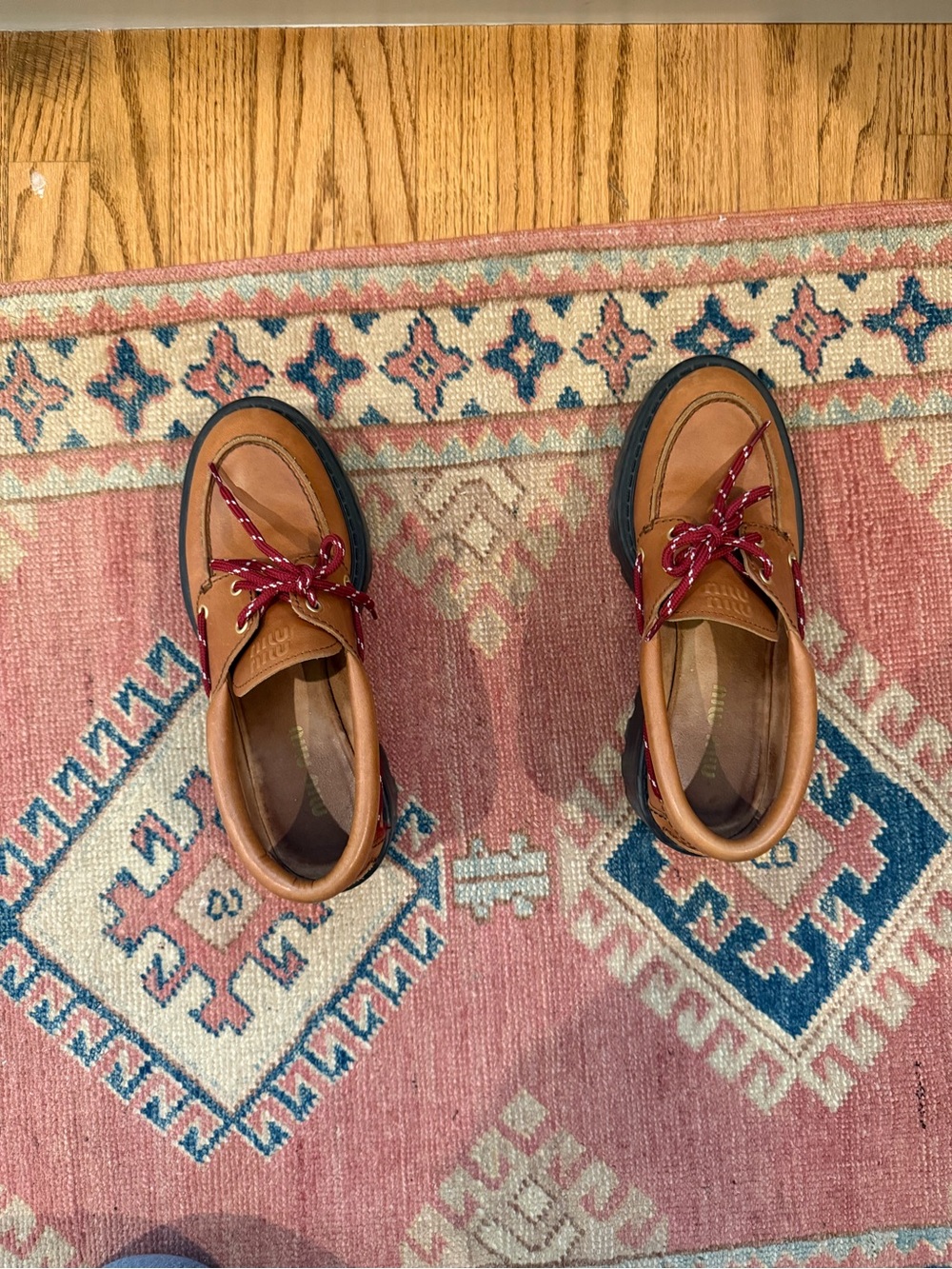 Miu Miu Brown Leather Platform Boat Shoes with Red Laces